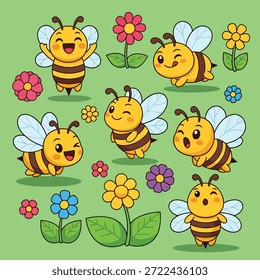 Gruppe von Zeichentrickbienen, umgeben von bunten Blumen
