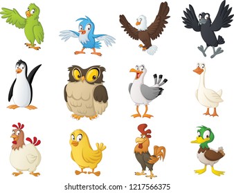 Group of cartoon birds. Vector illustration of funny happy animals.
