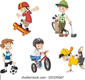 Group of cartoon boys playing various sports