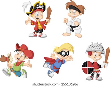 Group of cartoon boys wearing different costumes 