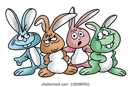 A group of cartoon bunnies posing for the camera vector illustration