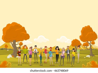 Group of cartoon business people in a orange park with grass and trees. Nature landscape.

