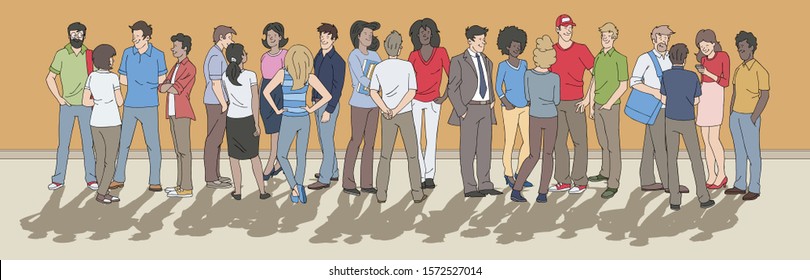 Group of cartoon business people standing on yellow background