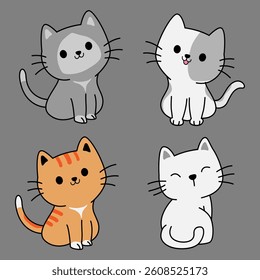 Group of cartoon cat figures on gray background for decoration.