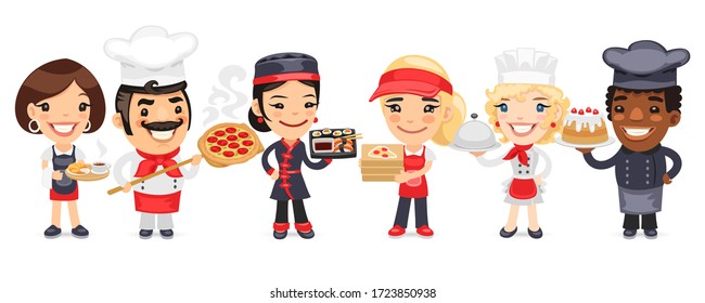 A group of cartoon catering professionals workers characters with different roles stand on a white background. Restaurant team set. Pizza chef, sushi cook, waiter, culinary specialist, deliveryman.