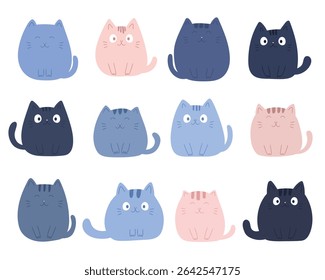 Group of cartoon cats in assorted colors, displayed against a white backdrop.