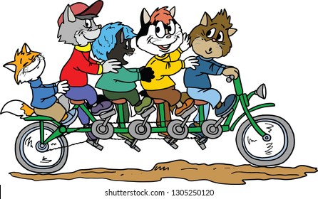 Group of cartoon cats riding a tandem bicycle vector illustration