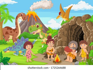 Group of cartoon cavemen and dinosaurs in the forest