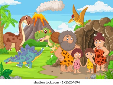 Group of cartoon cavemen and dinosaurs in the forest