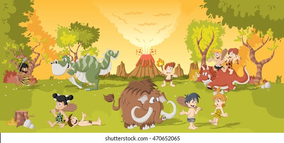 Group Of Cartoon Cavemen On Forest With Volcano And Funny Cartoon Dinosaurs. Stone Age Children.
