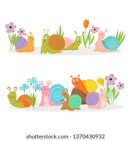 Group of cartoon character snails with flowers