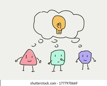 Group of cartoon character thinking about the same thing, creative ideas lightbulb.  Brainstorming and discussing concept in flat style. 3 cartoon character discuss about the same topic. Company offic