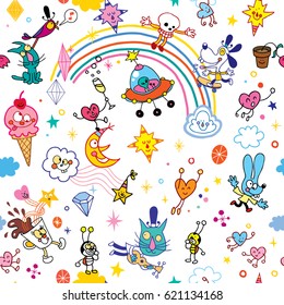group of cartoon characters fun seamless pattern