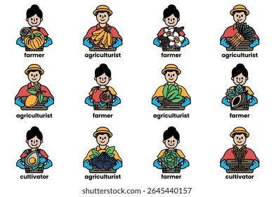 Um grupo de personagens de desenhos animados estão segurando várias frutas e vegetais. Os personagens são rotulados como agricultores, agricultores e cultivadores