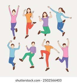 Group of Cartoon Characters Jumping in Joy. Minimalistic style, faceless figures, diverse poses. Ideal for illustrating joy, excitement, or energetic teamwork in educational or promotional materials.