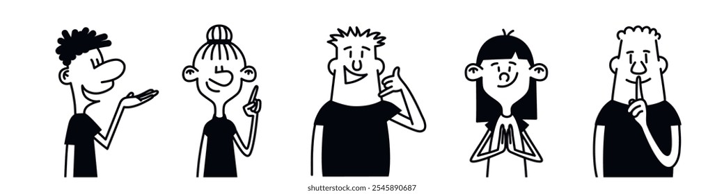 Group of cartoon characters are shown in a row, each with a different expression. Scene is lighthearted and fun, as the characters are all smiling. Hand drawn vector illustration. Black and white.