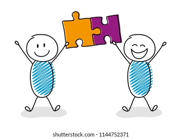 Group of cartoon characters solving puzzles. Vector.