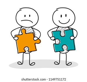 Group of cartoon characters solving puzzles. Vector.