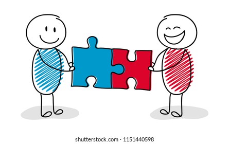 Group of cartoon characters solving puzzles. Vector.