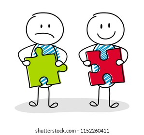 Group of cartoon characters solving puzzles. Vector.