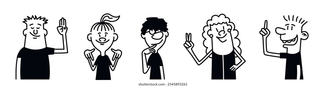 Um grupo de personagens de desenho animado está de pé em uma fileira, cada um com uma expressão facial diferente. Um dos personagens está apontando para o céu. Ilustração de vetor desenhada à mão. Preto e branco.