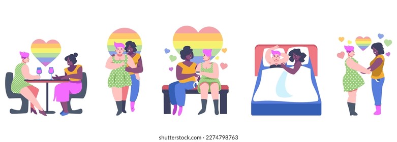 Group of cartoon characters supporting lgbt community. Set of gay, lesbian, bisexual activists. Pride parade against human rights, violence and discrimination. Vector