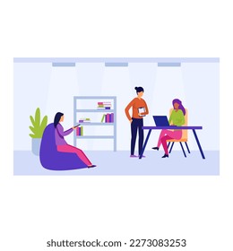 Group of cartoon characters working together in office. Coworking space. Freelancers using their laptops and computers. Employees in office. Business meeting. Vector
