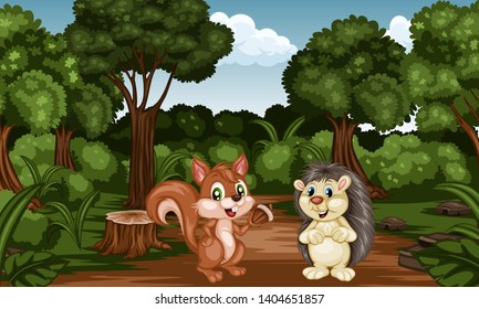 Group of Cartoon Cheerful Animals in the Forest. Cute Cartoon Forest Animal Characters. Vector Illustration of a Squirrel and Hedgehog