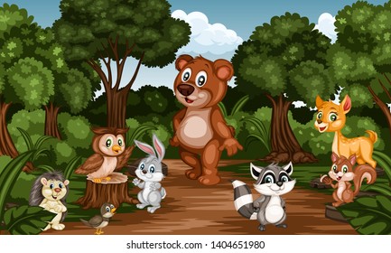 Group of Cartoon Cheerful Animals in Forest. Cute Cartoon Forest Animal Characters. Vector Illustration of a  Squirrel, Deer. Hedgehog, Raccoon, Owl, Hedgehog, Rabbit, Bear