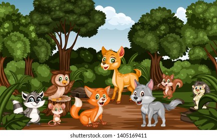 Group of Cartoon Cheerful Animals in the Forest. Cute Cartoon Forest Animal Characters. Vector Illustration of a Rabbit, Owl, Fox, Wolf, Squirrel, Hedgehog, Deer, Nightingale