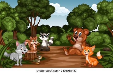 Group of Cartoon Cheerful Animals in Forest. Cute Cartoon Forest Animal Characters. Vector Illustration of a Raccoon, Bear, Fox, Squirrel, Nightingale, Wolf