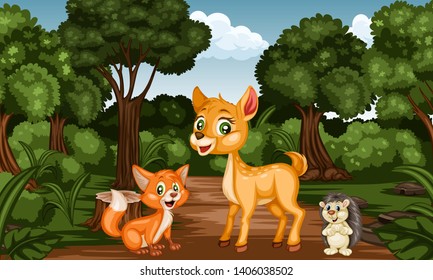 Group of Cartoon Cheerful Animals in Forest. Cute Cartoon Forest Animal Characters. Vector Illustration of a Fox, Deer. Hedgehog
