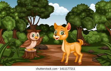 Group of Cartoon Cheerful Animals in the Forest. Cute Cartoon Forest Animal Characters. Vector Illustration of a Deer and Owl