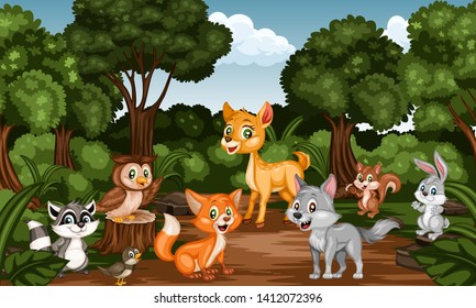 Group Of Cartoon Cheerful Animals In The Forest. Cute Cartoon Forest Animal Characters. Vector Illustration Of A Deer And Hedgehog