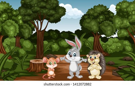 Group of Cartoon Cheerful Animals in the Forest. Cute Cartoon Forest Animal Characters. Vector Illustration of a Rabbit, Mouse, Hedgehog