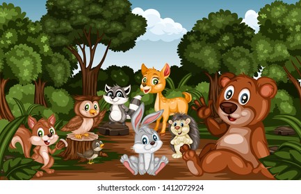 Group of Cartoon Cheerful Animals in the Forest. Cute Cartoon Forest Animal Characters. Vector Illustration of a Rabbit, Owl, Fox, Squirrel, Hedgehog, Deer, Nightingale, Bear, Raccoon