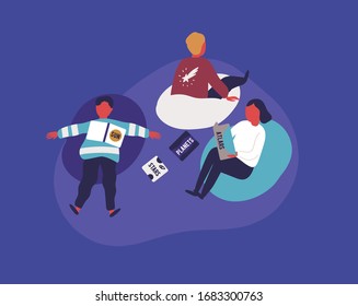 Group Of Cartoon Child Relaxing After Visited Planetarium Vector Flat Illustration. Three Kid Lying And Sitting At Comfortable Armchair Holding Book Isolated On Purple Background