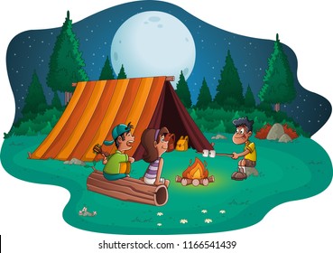 Group Cartoon Children Around Campfire Camping Stock Vector (Royalty ...