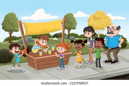 Group of cartoon children buying lemonade at a street market stand. Lemonade stand in the park.