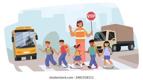 Group Of Cartoon Children Crossing The Street With A Crossing Guard Holding A Stop Sign. Vector Scene Also Includes A School Bus And A Truck In The Background, Promoting Child Safety And Road Safety