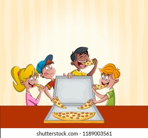 Group of cartoon children eating pepperoni pizza.