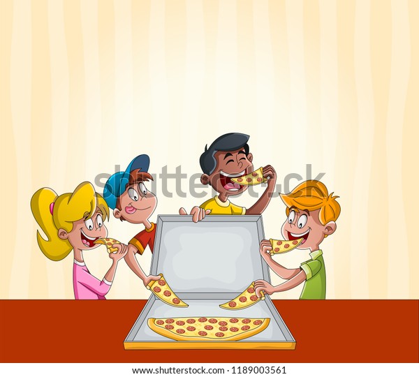 Group Cartoon Children Eating Pepperoni Pizza Stock Vector (Royalty ...