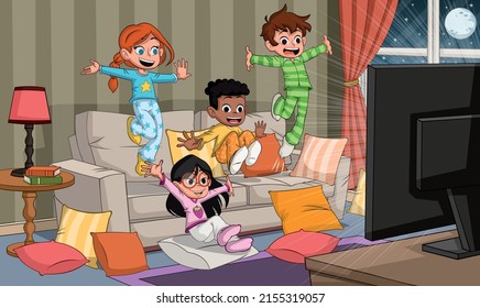 Group of cartoon children jumping on sofa watching tv. Kids wearing pajamas in the living room.
