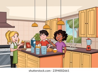 Group of cartoon children in the kitchen making a cake. Teenagers  cooking.
