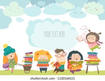 Group Of Cartoon Children Reading Books