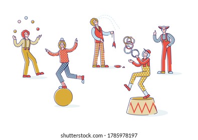 Group of cartoon clowns on white background. Funny circus characters in red wigs with makeup and red noses and retro costumes performing for carnival or holiday event. Linear vector illustration