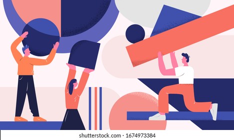 Group of cartoon colorful people holding geometric shapes vector flat illustration. Man and woman arranging abstract figures circle, square, triangle graphic design. Concept of organization work