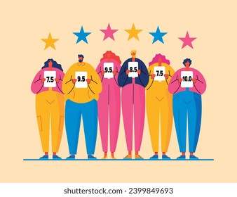 Group of cartoon colorful people holding score cards with numbers, stars above them. Contest jury, voting concept, customer feedback web page banner. Vector