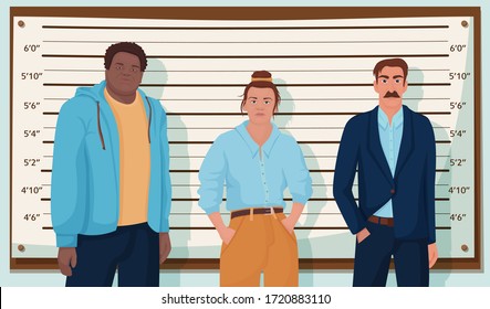 Group of cartoon criminal person standing at police lineup vector graphic illustration. Crime mafia dangerous people during identity parade. Man and woman malefactor or robbery suspects