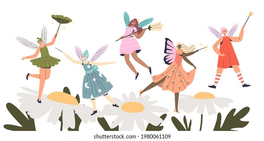 Group of cartoon cute fairies flying over chamomile flowers. Adorable female pixies elf with wings and magic wands. Fiction and mythology concept. Flat vector illustration